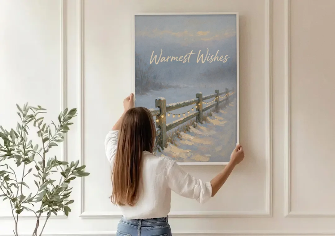 String Lights Wall Art on a Snowy Fence canvas wall art being hung on a paneled wall
