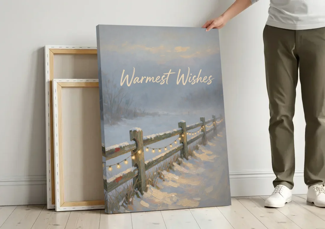 String Lights Wall Art on a Snowy Fence canvas wall art leaning against a wall next to blank canvases