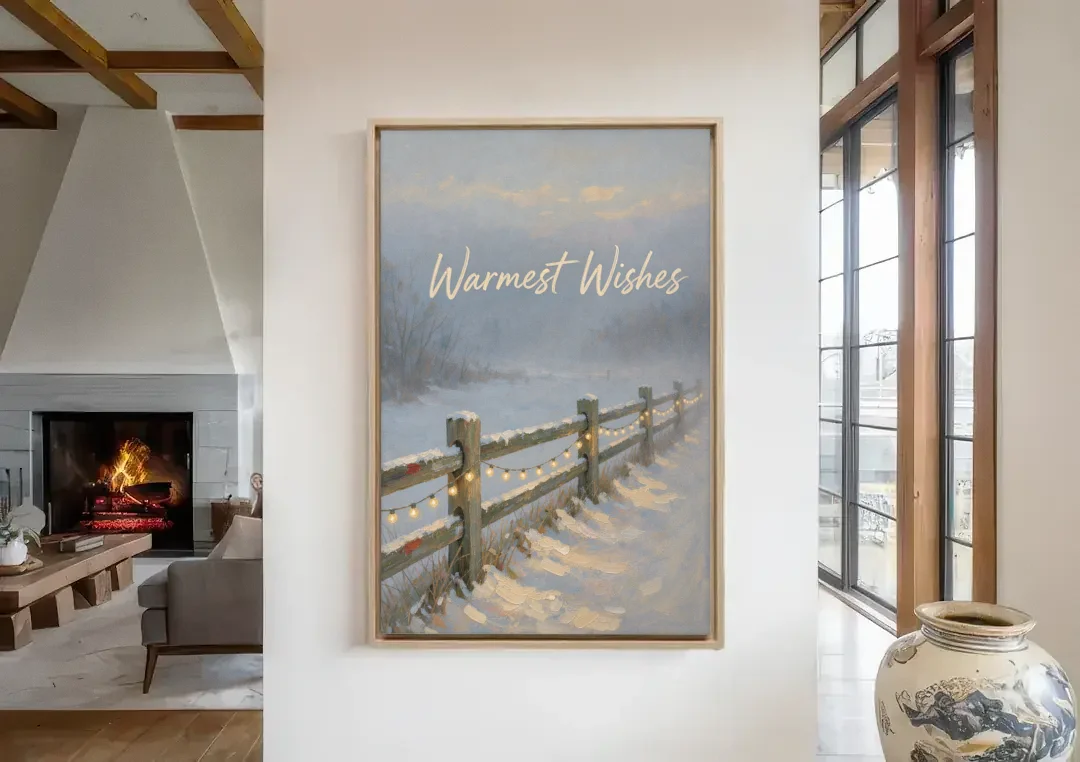 String Lights Wall Art on a Snowy Fence canvas wall art in a living room with a fireplace