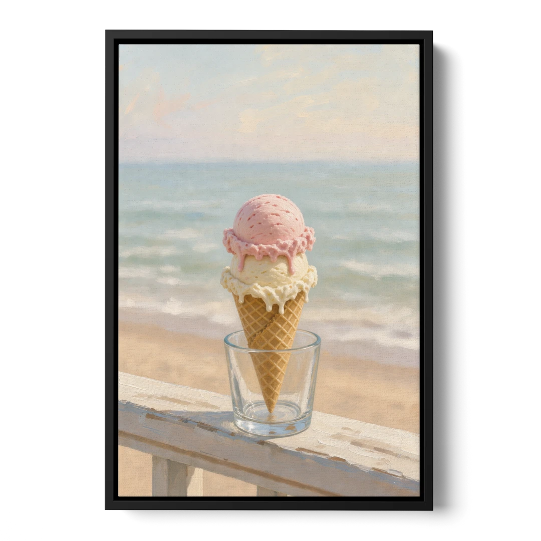 Summer Wall Art Strawberry Vanilla Cone on the Boardwalk - Black Framed Canvas Wall Art - Front