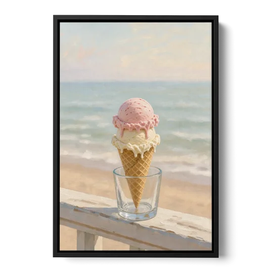 Summer Wall Art Strawberry Vanilla Cone on the Boardwalk - Black Framed Canvas Wall Art - Front