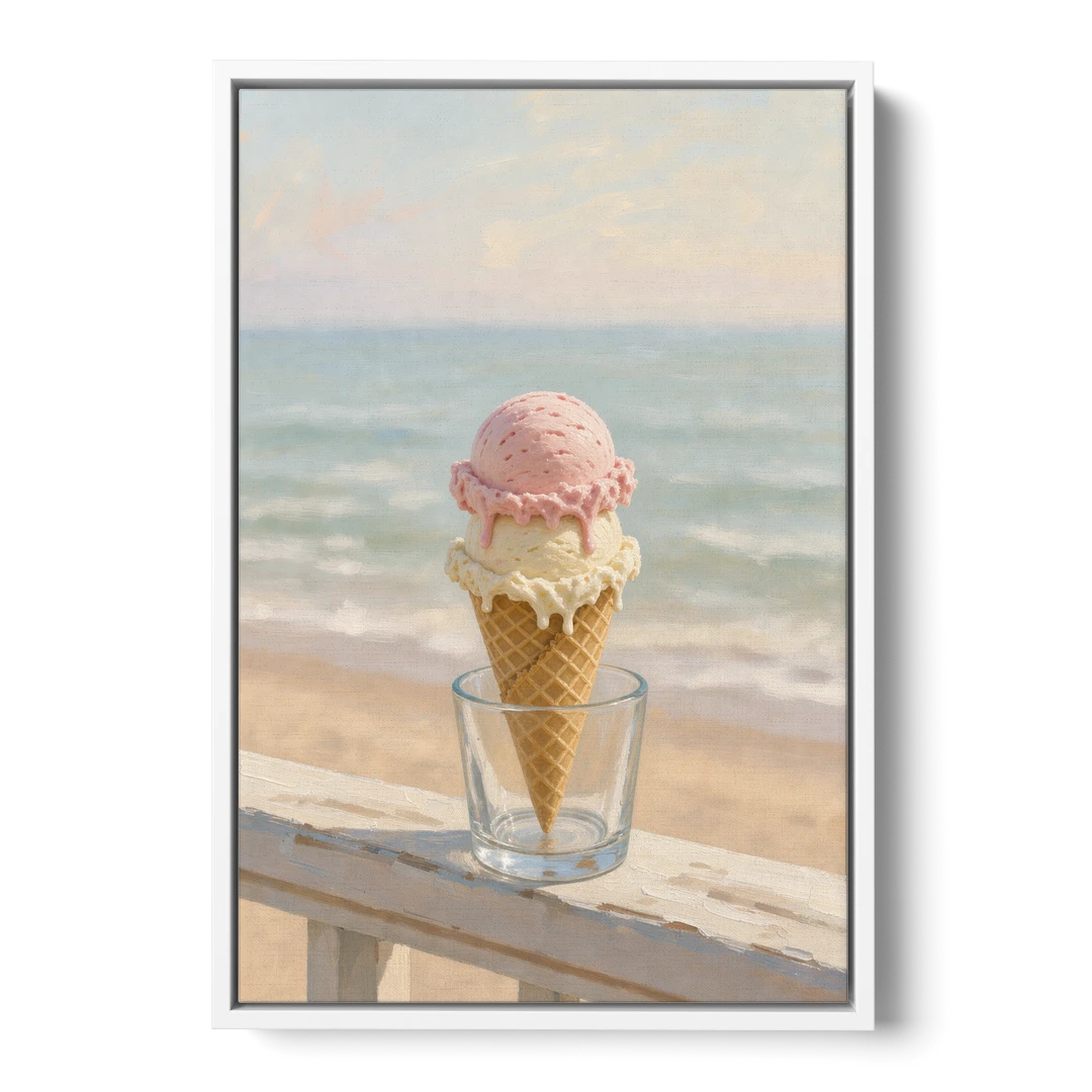 Summer Wall Art Strawberry Vanilla Cone on the Boardwalk - White Framed Canvas Wall Art - Front