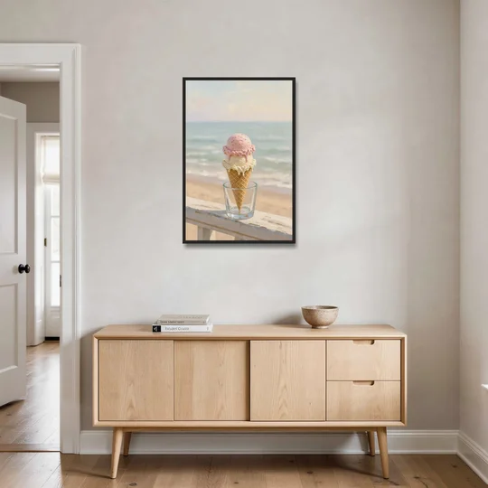 Summer Wall Art Strawberry Vanilla Cone on the Boardwalk - Black Framed Canvas Wall Art - Coffee Table - 24x36