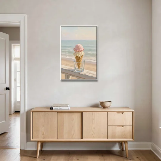 Summer Wall Art Strawberry Vanilla Cone on the Boardwalk - White Framed Canvas Wall Art - Coffee Table - 24x36