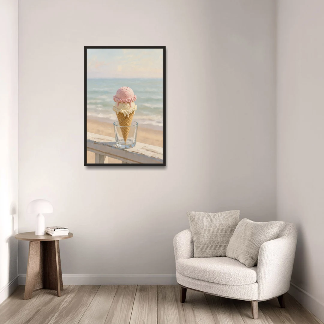 Summer Wall Art Strawberry Vanilla Cone on the Boardwalk - Black Framed Canvas Wall Art - Sofa - 24x36