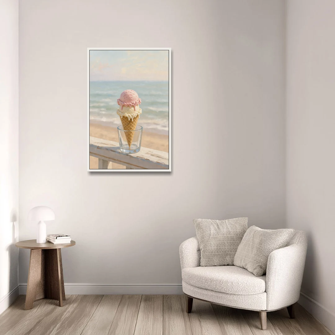 Summer Wall Art Strawberry Vanilla Cone on the Boardwalk - White Framed Canvas Wall Art - Sofa - 24x36