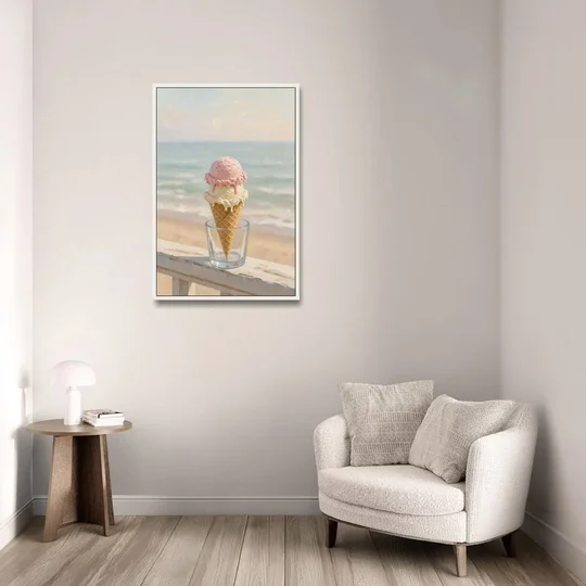 Summer Wall Art Strawberry Vanilla Cone on the Boardwalk - White Framed Canvas Wall Art - Sofa - 24x36