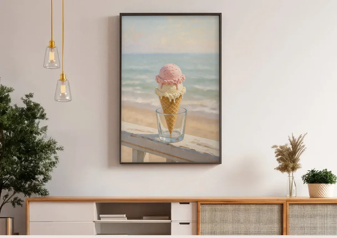 Summer Wall Art Strawberry Vanilla Cone on the Boardwalk canvas wall art above a wooden sideboard under pendant lights
