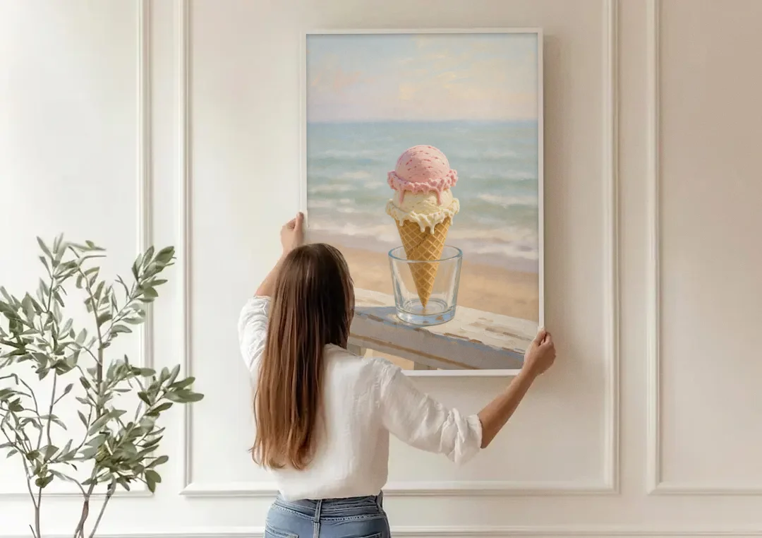 Summer Wall Art Strawberry Vanilla Cone on the Boardwalk canvas wall art being hung on a paneled wall