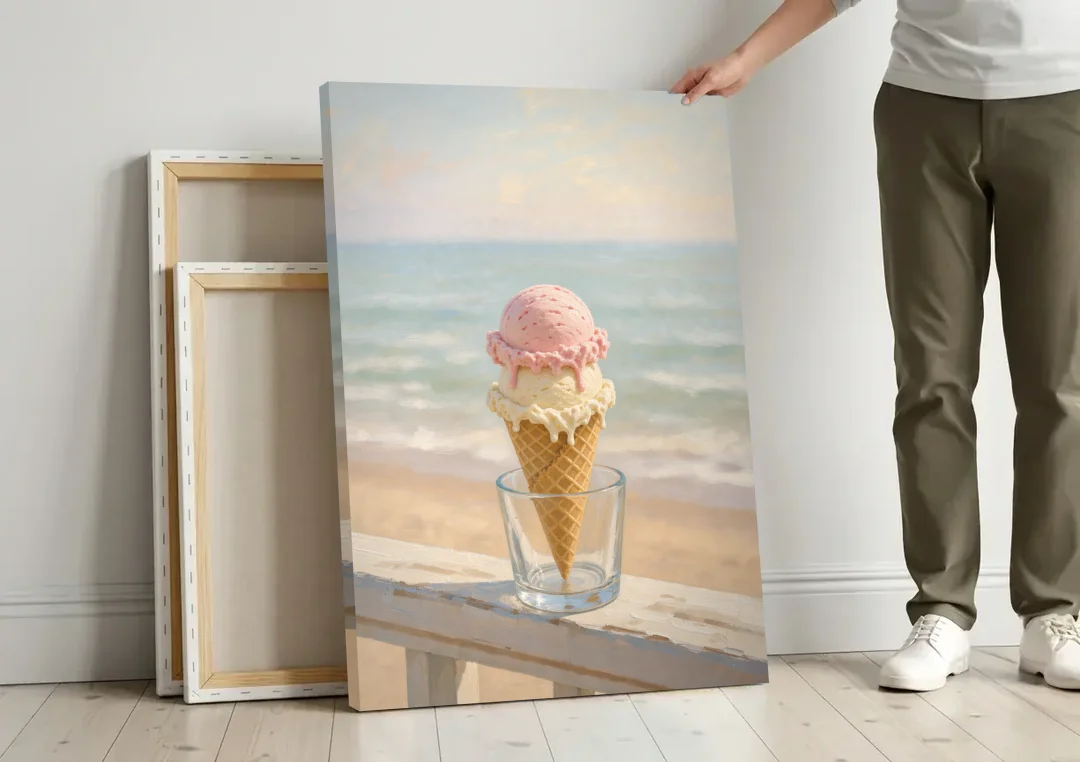 Summer Wall Art Strawberry Vanilla Cone on the Boardwalk canvas wall art leaning against a wall next to blank canvases