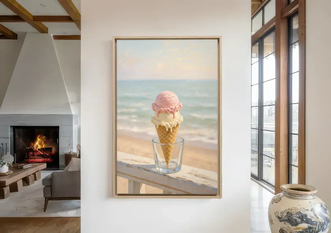 Summer Wall Art Strawberry Vanilla Cone on the Boardwalk canvas wall art in a living room with a fireplace