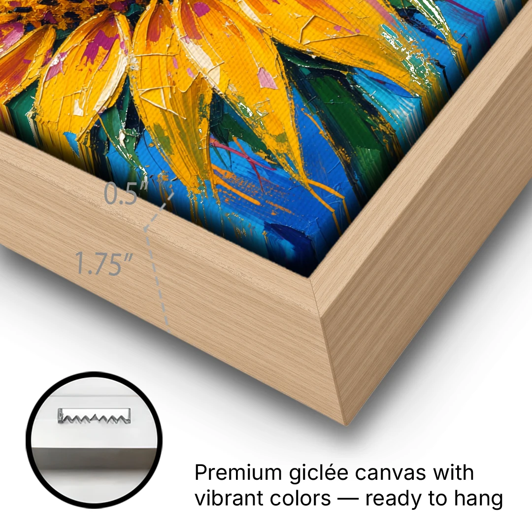 Sunflower and Bee in Bold Color for the Kitchen - Oak Framed Canvas Wall Art - Gallery Wrap Corner