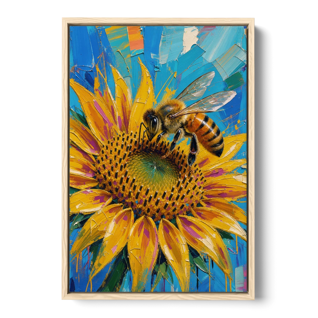 Sunflower and Bee in Bold Color for the Kitchen - Oak Framed Canvas Wall Art - Front