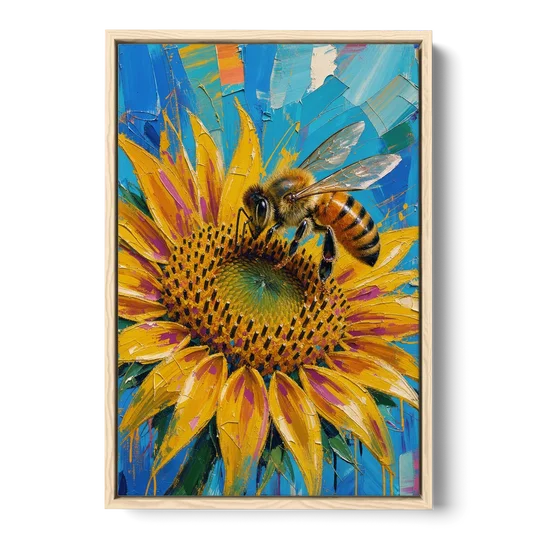 Sunflower and Bee in Bold Color for the Kitchen - Oak Framed Canvas Wall Art - Front