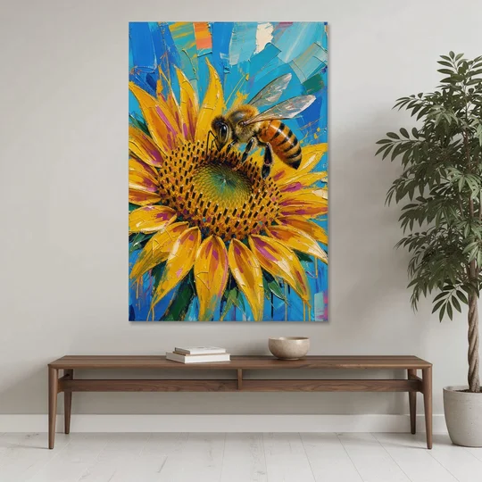 Sunflower and Bee in Bold Color for the Kitchen - Canvas Wall Art - Coffee Table - 40x60