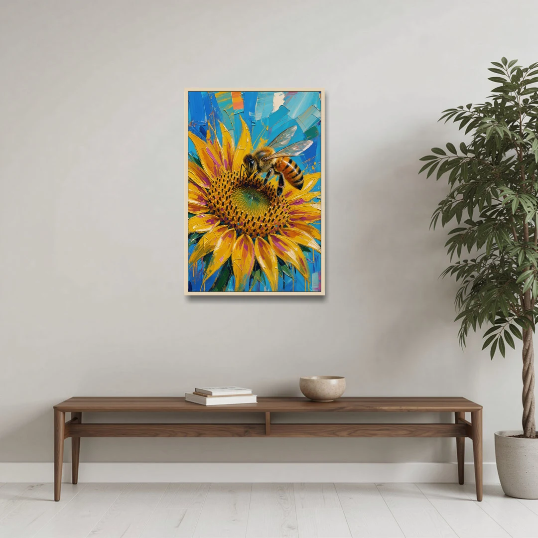 Sunflower and Bee in Bold Color for the Kitchen - Oak Framed Canvas Wall Art - Coffee Table - 24x36