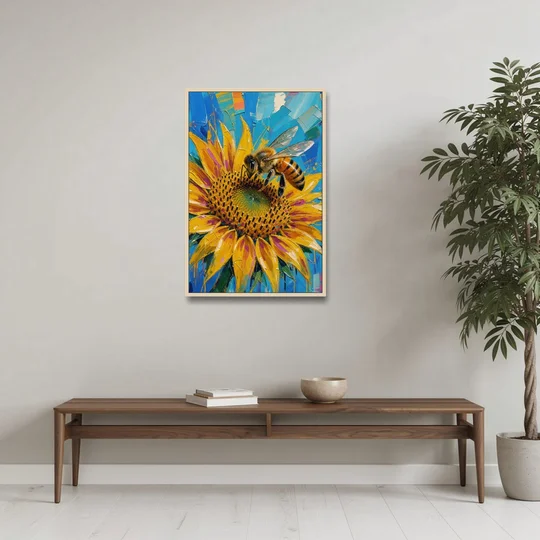 Sunflower and Bee in Bold Color for the Kitchen - Oak Framed Canvas Wall Art - Coffee Table - 24x36