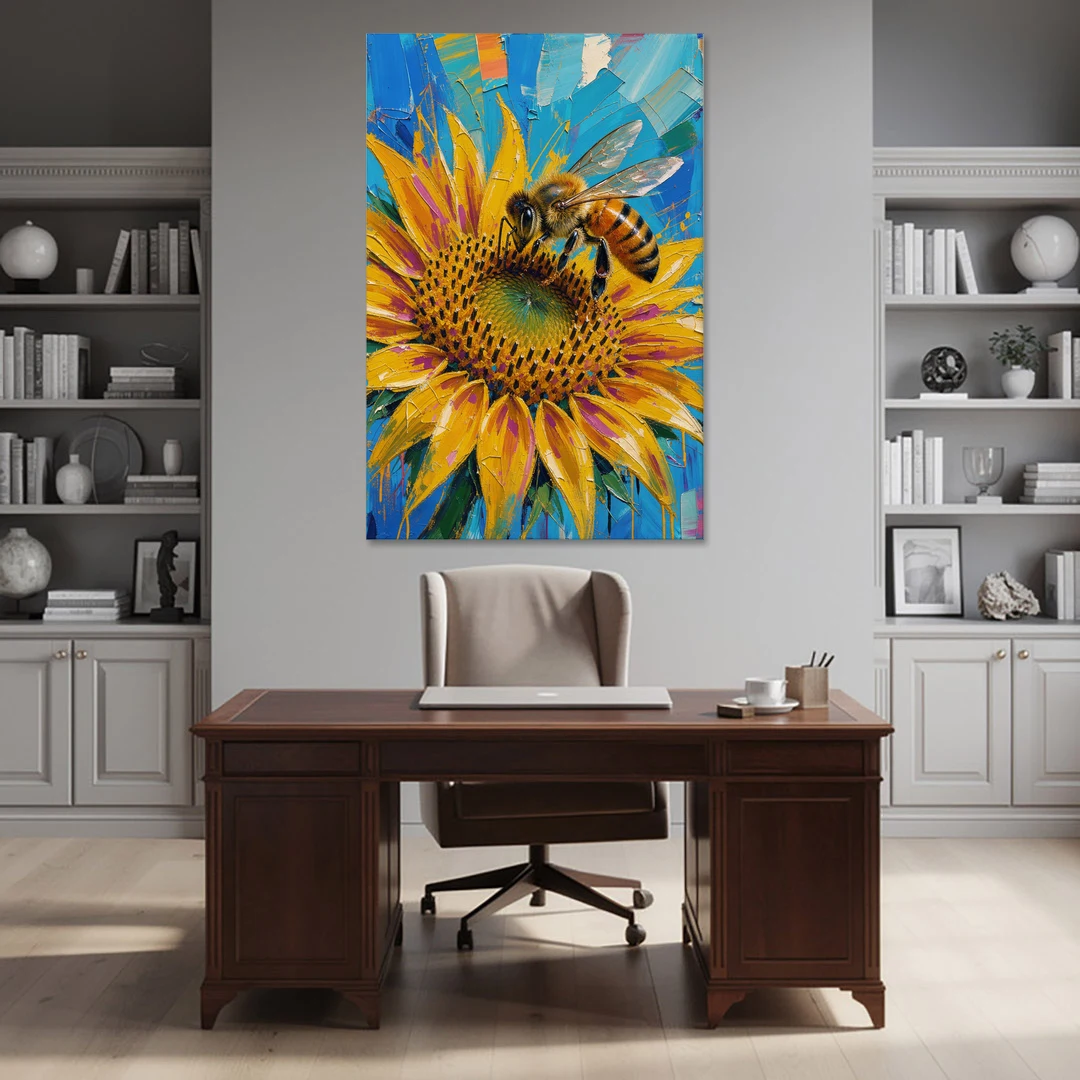 Sunflower and Bee in Bold Color for the Kitchen - Canvas Wall Art - Office - 40x60