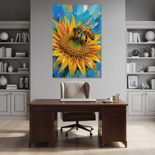 Sunflower and Bee in Bold Color for the Kitchen - Canvas Wall Art - Office - 40x60
