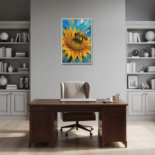 Sunflower and Bee in Bold Color for the Kitchen - Oak Framed Canvas Wall Art - Office - 24x36