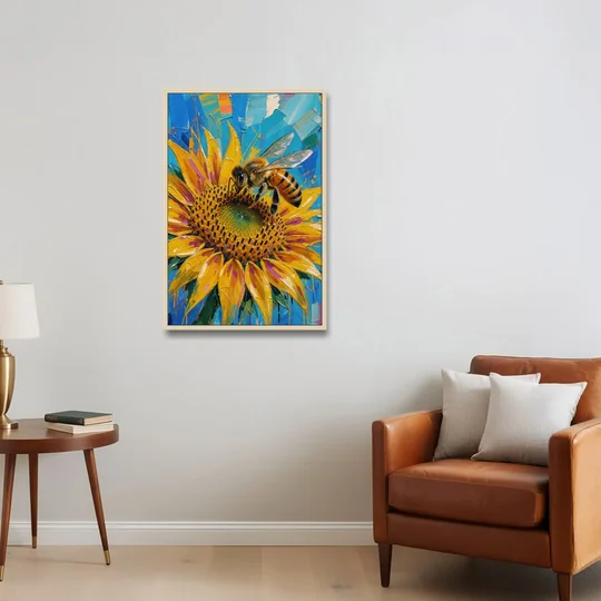Sunflower and Bee in Bold Color for the Kitchen - Oak Framed Canvas Wall Art - Sofa - 24x36