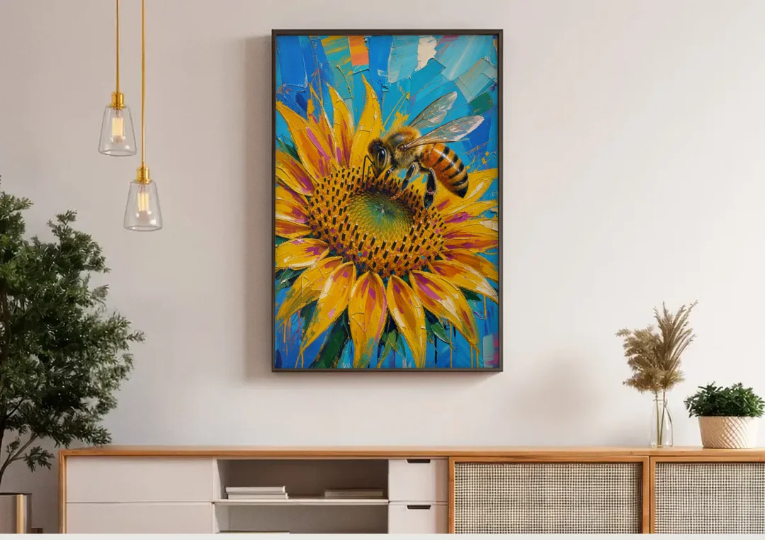 Sunflower and Bee in Bold Color for the Kitchen canvas wall art above a wooden sideboard under pendant lights