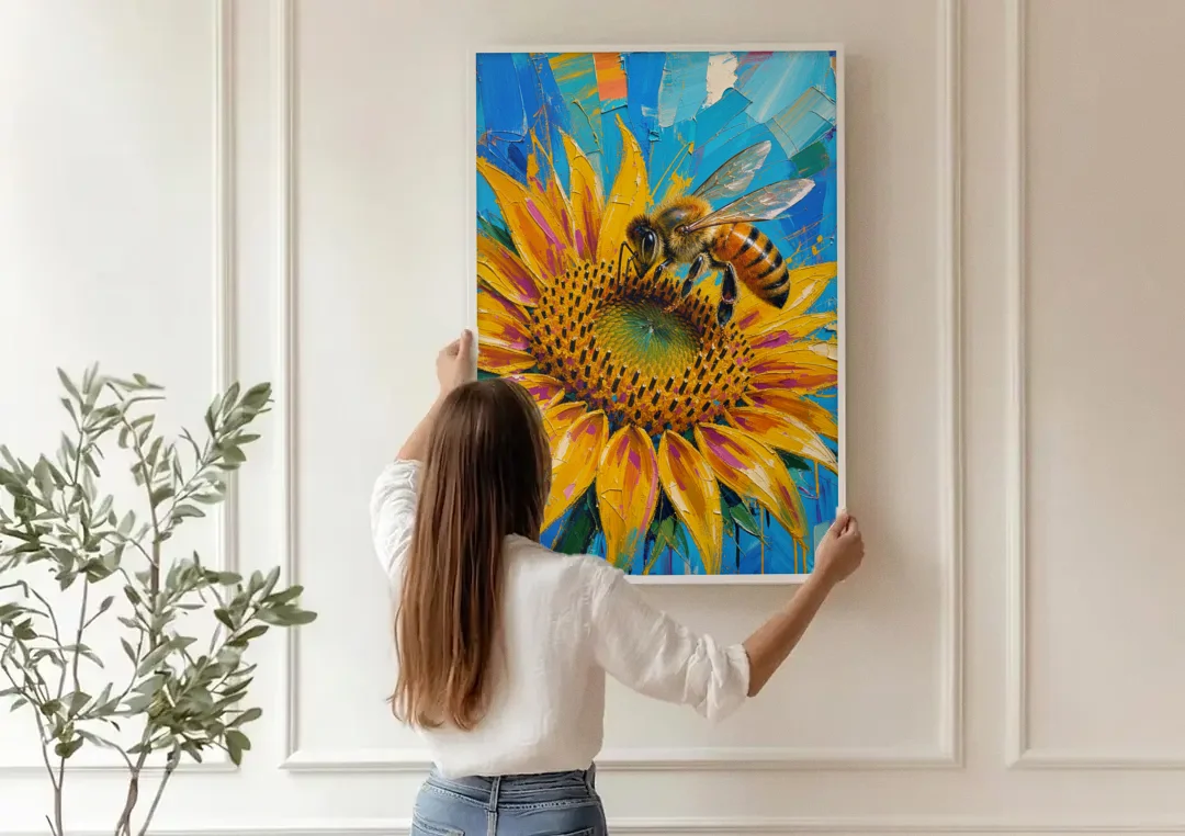 Sunflower and Bee in Bold Color for the Kitchen canvas wall art being hung on a paneled wall
