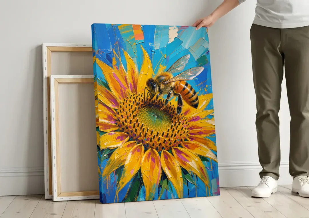 Sunflower and Bee in Bold Color for the Kitchen canvas wall art leaning against a wall next to blank canvases
