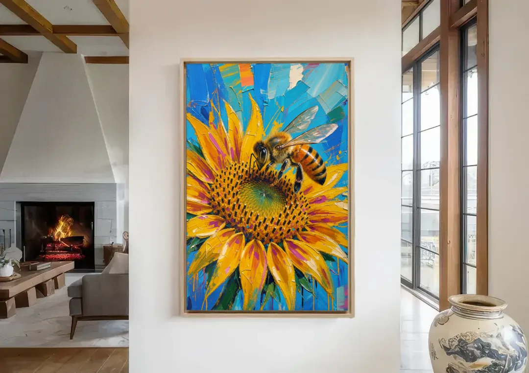 Sunflower and Bee in Bold Color for the Kitchen canvas wall art in a living room with a fireplace