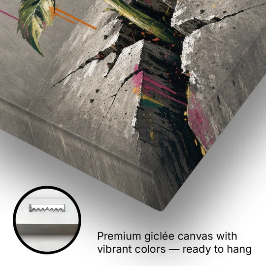 Sunflower Art Print Through Cracked Concrete - Canvas Wall Art - Gallery Wrap Corner