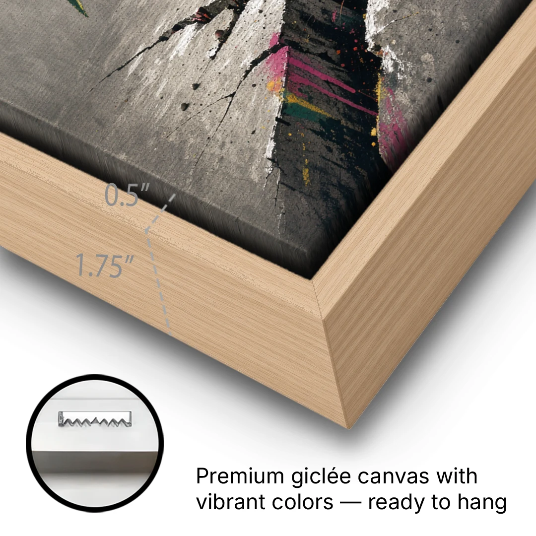 Sunflower Art Print Through Cracked Concrete - Oak Framed Canvas Wall Art - Gallery Wrap Corner