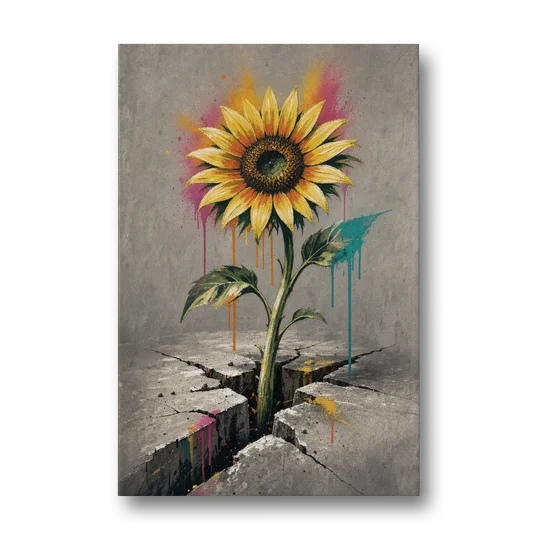 Sunflower Art Print Through Cracked Concrete - Canvas Wall Art - Front