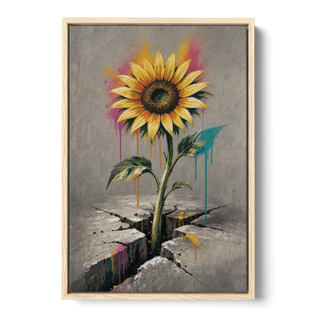 Sunflower Art Print Through Cracked Concrete - Oak Framed Canvas Wall Art - Front