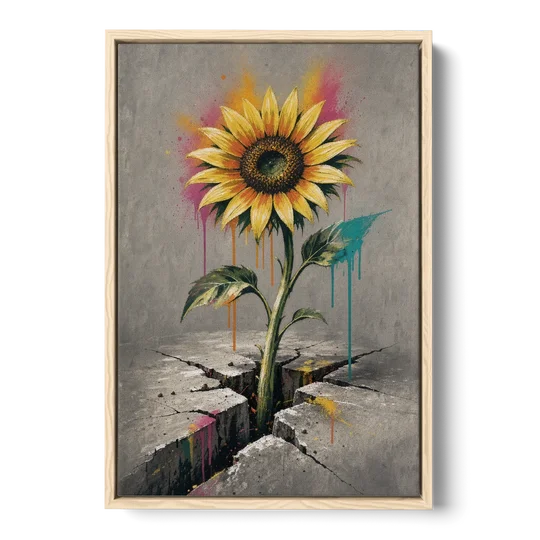 Sunflower Art Print Through Cracked Concrete - Oak Framed Canvas Wall Art - Front