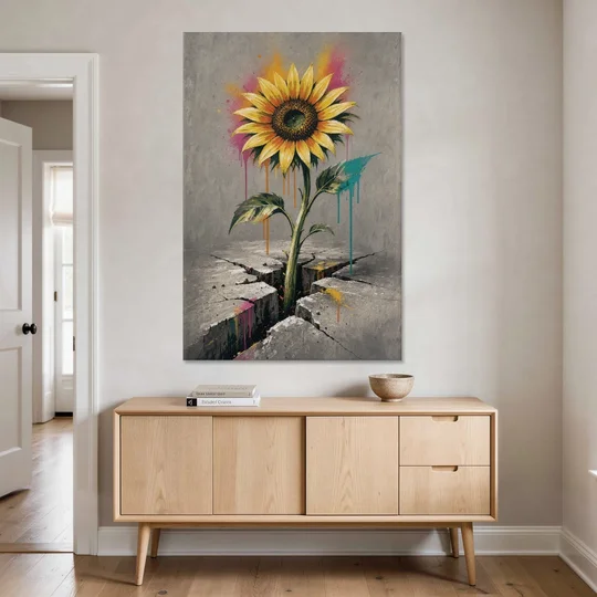 Sunflower Art Print Through Cracked Concrete - Canvas Wall Art - Coffee Table - 40x60