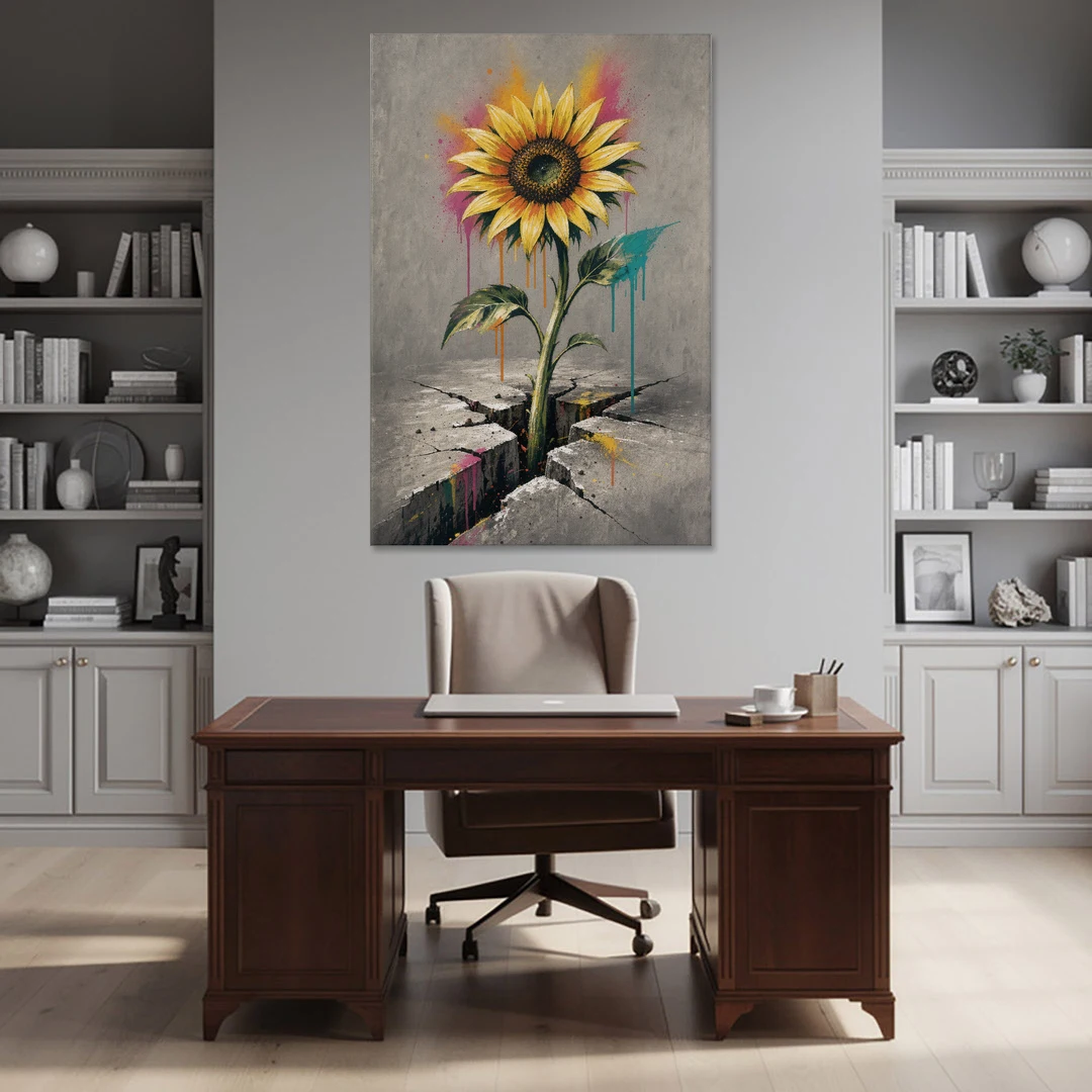 Sunflower Art Print Through Cracked Concrete - Canvas Wall Art - Office - 40x60