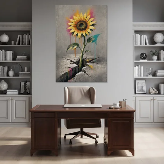Sunflower Art Print Through Cracked Concrete - Canvas Wall Art - Office - 40x60