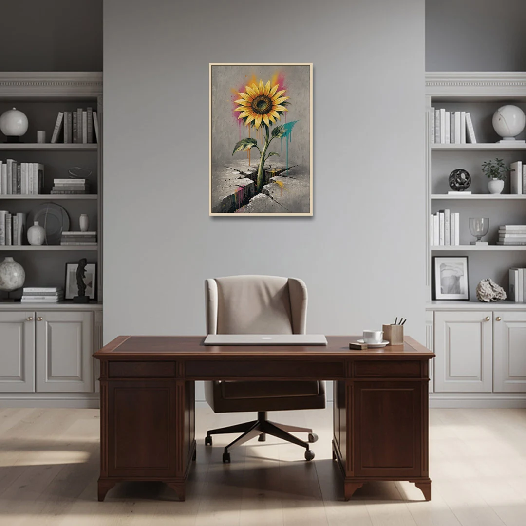 Sunflower Art Print Through Cracked Concrete - Oak Framed Canvas Wall Art - Office - 24x36