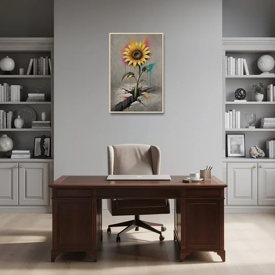 Sunflower Art Print Through Cracked Concrete - Oak Framed Canvas Wall Art - Office - 24x36