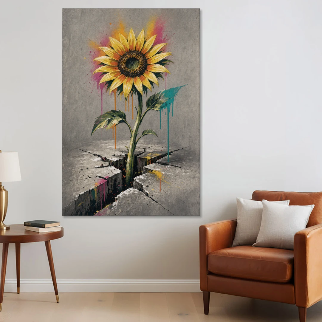 Sunflower Art Print Through Cracked Concrete - Canvas Wall Art - Sofa - 40x60