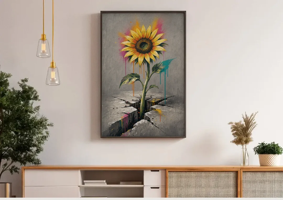 Sunflower Art Print Through Cracked Concrete canvas wall art above a wooden sideboard under pendant lights