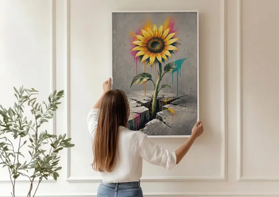 Sunflower Art Print Through Cracked Concrete canvas wall art being hung on a paneled wall
