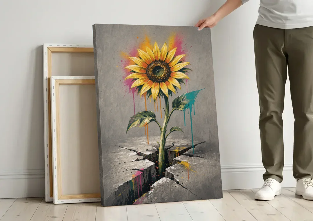 Sunflower Art Print Through Cracked Concrete canvas wall art leaning against a wall next to blank canvases