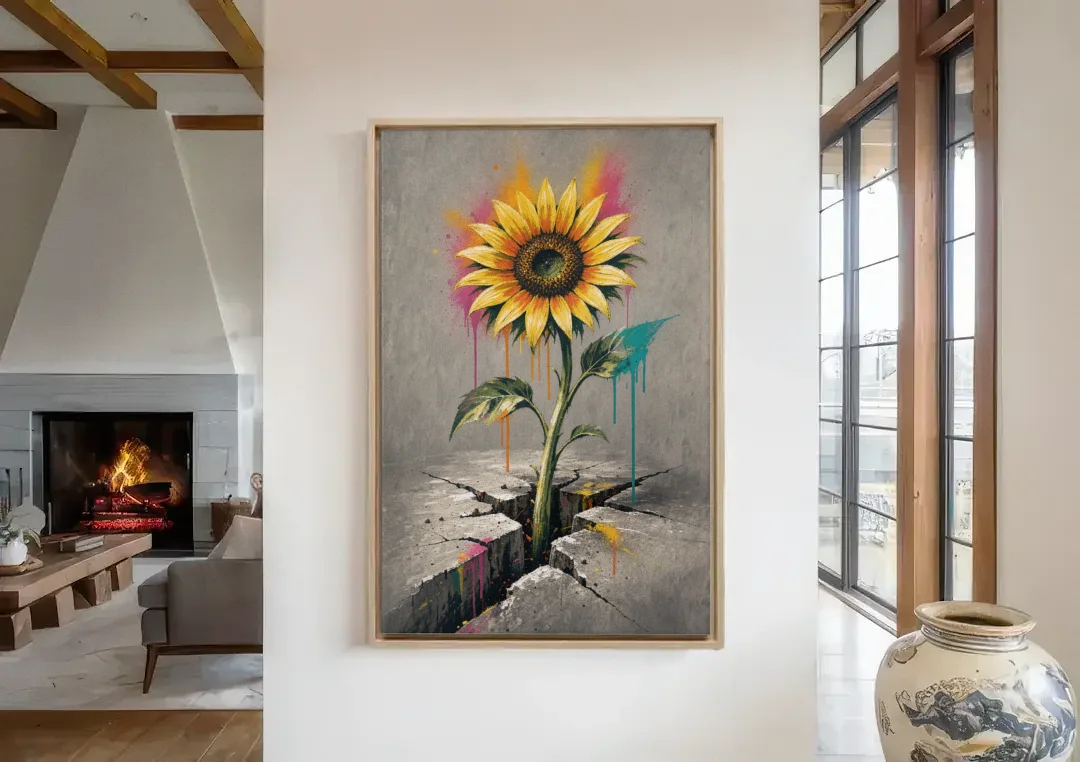Sunflower Art Print Through Cracked Concrete canvas wall art in a living room with a fireplace