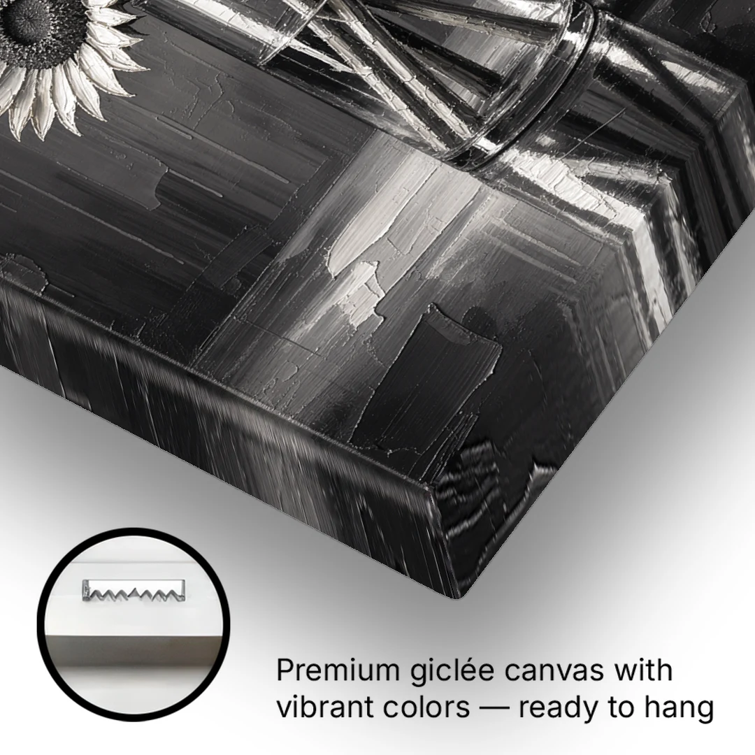 Black and White Sunflower Bouquet in a Glass Vase - Canvas Wall Art - Gallery Wrap Corner
