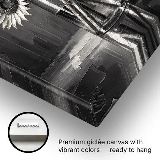Black and White Sunflower Bouquet in a Glass Vase - Canvas Wall Art - Gallery Wrap Corner