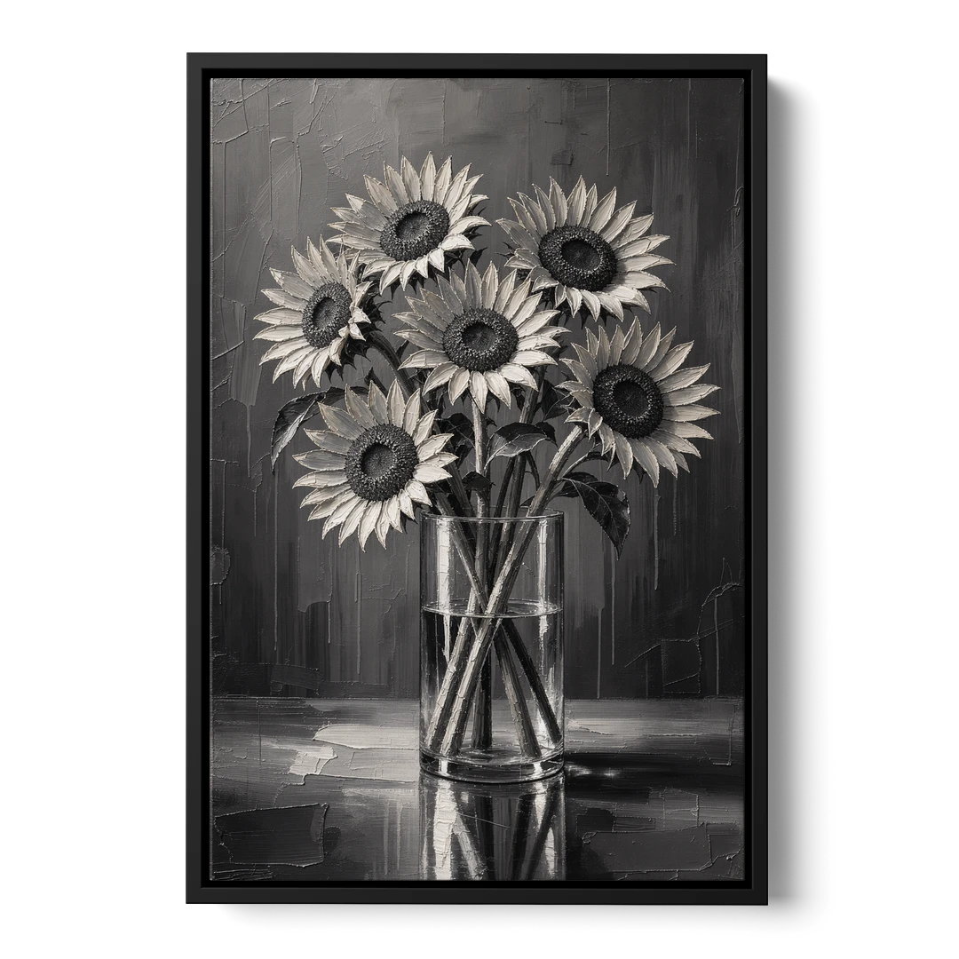 Black and White Sunflower Bouquet in a Glass Vase - Black Framed Canvas Wall Art - Front