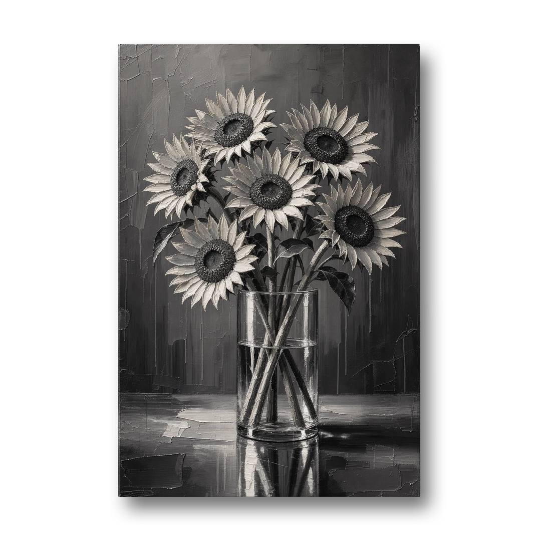 Black and White Sunflower Bouquet in a Glass Vase - Canvas Wall Art - Front