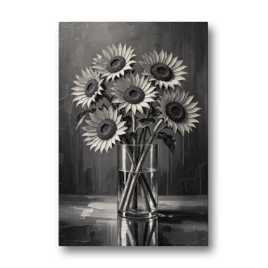 Black and White Sunflower Bouquet in a Glass Vase - Canvas Wall Art - Front