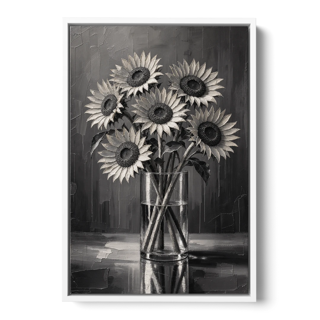 Black and White Sunflower Bouquet in a Glass Vase - White Framed Canvas Wall Art - Front